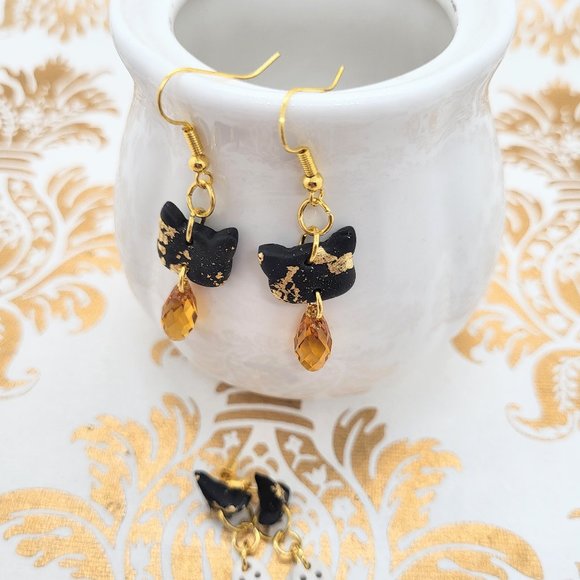 Set of 2 Halloween black cat ghost hat gold orange Swarovski crystal earrings - Picture 8 of 9